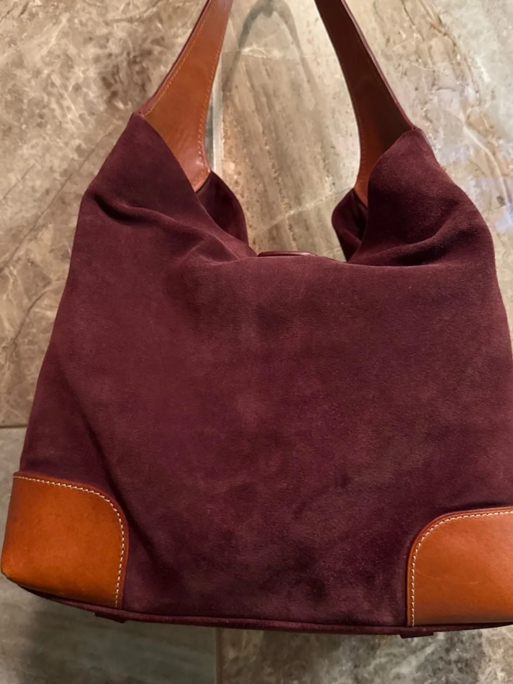 Dooney & Bourke Burgundy Suede Hobo with Tan Leather Trim
